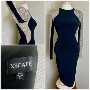 XSCAPE Dress Sz 2 Silver Beaded Black Stretch Mini Illusion Slimming Long Sleeve